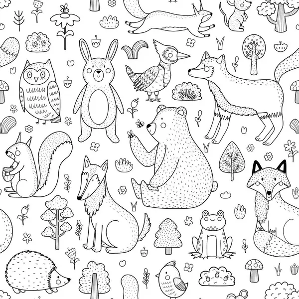 stock vector Cute forest animals black and white seamless pattern. Woodland characters outline background for kids. Fox, bear, wolf, rabbit and others. Vector illustration