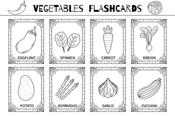 Vegetables flashcards black and white set. Flash cards collection in outline for coloring. Learn food vocabulary for school and preschool. Eggplant, spinach, carrot and more. Vector illustration