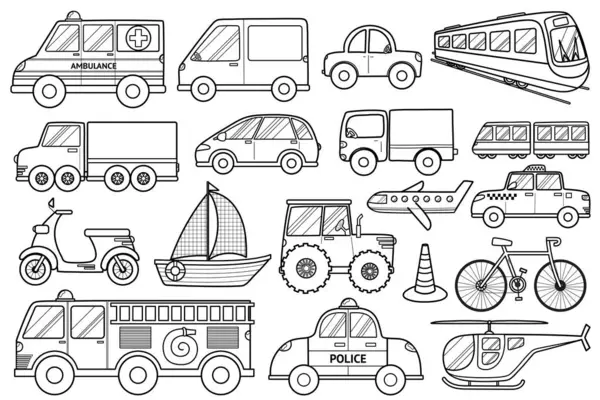 Μεταφορά Ασπρόμαυρη Συλλογή Στυλ Κινουμένων Σχεδίων Σετ Doodle Αυτοκίνητα Για Διάνυσμα Αρχείου