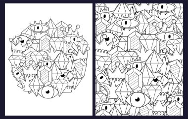 Kristaller ve gözlerle hazırlanmış garip karalama sayfaları. Siyah ve beyaz soyut şablonlar. Özet geç. Vektör illüstrasyonu