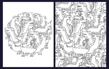 Şirin karalama dinozorları boyama sayfaları. Siyah ve beyaz şablonlar komik dinazor karakterleriyle dolu. Özet geç. Vektör illüstrasyonu