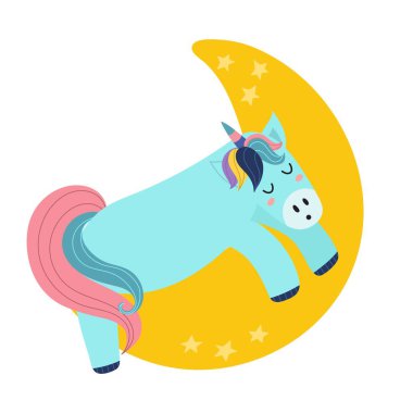 Ay 'da uyuyan şirin tek boynuzlu at. Fantezi karakter baskısı. Tatlı rüyalar vektör illüstrasyonu