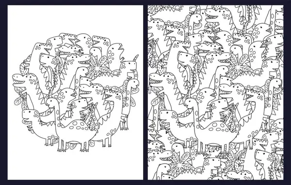 ดหน ไดโนเสาร แบบส าและส ขาวรวมก วละคร Dino ตลก นหล งโครงร กราฟิกภาพเวกเตอร์