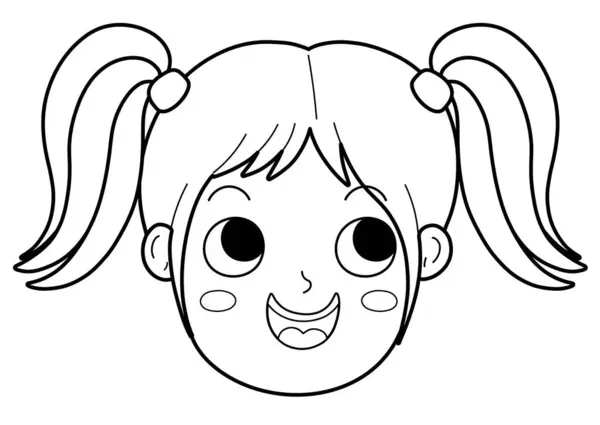 Happy girl face emotion in outline. Excited little kid black and white clipart. Emotional expression head coloring page. Vector illustration