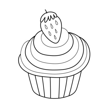 Üstünde çilek olan kurabiyeli kek. Siyah beyaz baskı. Çizgi film boyama sayfasında şirin bir tatlı. Vektör illüstrasyonu