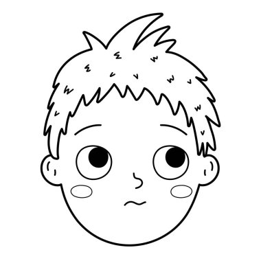 Ana hatlarıyla kafası karışmış çocuk yüzü. Siyahlar ve beyazlar içinde küçük çocuk duyguları. Hasta karakterin yakın portresi. Vektör illüstrasyonu