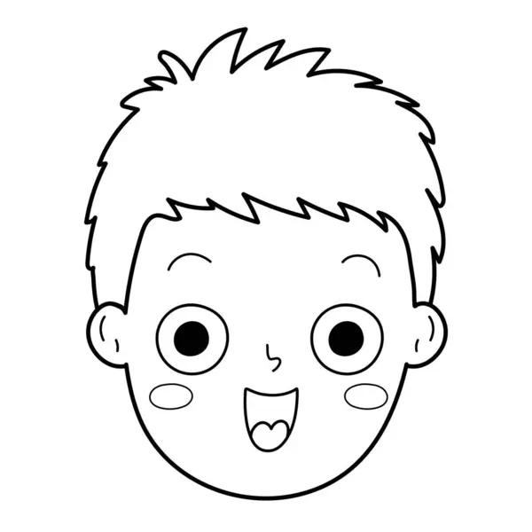 Happy boy face emotion in outline. Excited little kid clipart in black and white for coloring. Young person avatar. Vector illustration