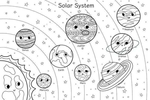 귀여운 행성과 태양계 페이지 태양과 행성을 궤도를 아이들을 개요에서 포스터 로열티 프리 스톡 벡터