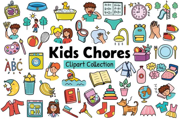 Kinderarbeiten Cliparts Sammlung Symbole Der Täglichen Routine Gesetzt Aufkleber Für lizenzfreie Stockillustrationen