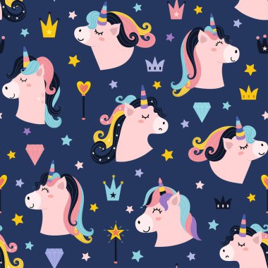 Çocuklar için şirin tek boynuzlu at deseni. Çizgi film tarzında sihirli at karakteri geçmişi. Vektör illüstrasyonu