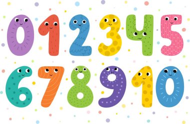 Çocuklar için sevimli rakamlar. Çizgi film tarzında mutlu sayılar koleksiyonu. Eğitimsel Clipart seti. Bir, iki, üç, dört ve gülümseyen karakterler. Vektör illüstrasyonu