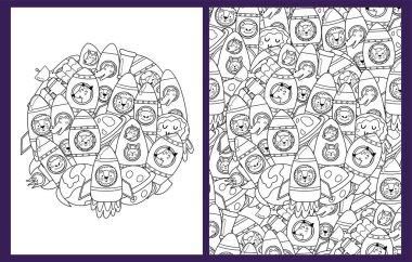 Cute animals in rockets coloring pages set in US Letter format. Black and white space background with ufo characters. Space templates for coloring book. Vector illustration clipart