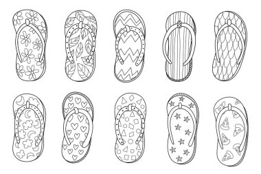 Renklendirme sayfası için siyah ve beyaz olarak ayarlanmış Doodle terlikleri. Yaz terlikleri koleksiyonu. Vektör illüstrasyonu