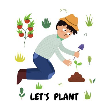 Filiz eken sevimli bir çiftçinin parmak izlerini ekelim. Çizgi film tarzında bahçıvanlık. Vektör illüstrasyonu