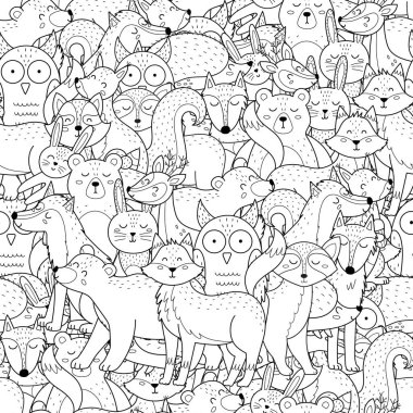 Şirin orman hayvanları siyah beyaz desenli. Boyama kitabı için Woodland karakterlerinin arka planı. Vektör illüstrasyonu
