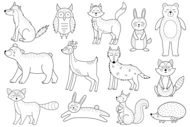 Siyah beyaza boyanmış sevimli orman hayvanları. Ormanlık karakterler, boyama kitabı için tilki, ayı, kurt, tavşan ve diğerleri ile koleksiyon yapar. Vektör illüstrasyonu
