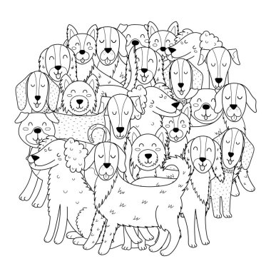 Şirin köpekler renk sayfasını çevrelemiş. Boyama kitabı için komik yavru köpek karakterleri mandala. Vektör illüstrasyonu