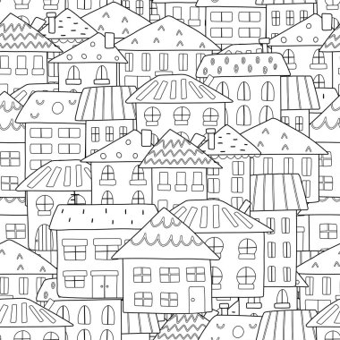 Doodle 'ın evleri siyah ve beyaz, pürüzsüz. Renklendirme sayfası için şehir manzarasıyla el çizimi arka plan. Vektör illüstrasyonu