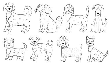 Siyah beyaz şirin köpek koleksiyonu. Boyama kitabı ve çocuk tasarımı için hazırlanmış komik köpek yavrusu karakterleri. Vektör illüstrasyonu