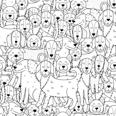 Şirin köpekler siyah ve beyaz, kusursuz desenler. Boyama sayfası için komik köpek yavrusu karakterleri. Vektör illüstrasyonu
