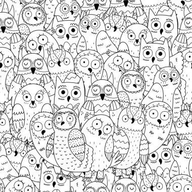 Sevimli karalama baykuşları siyah beyaz desenli. Renklendirme sayfası için komik kuş karakterleri. Vektör illüstrasyonu