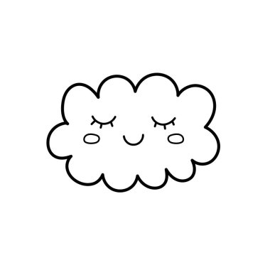 Beyaz arkaplanda izole edilmiş şirin bulut simgesi. Renklendirme için doğrusal mutlu bulut karakteri. Vektör illüstrasyonu