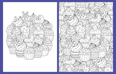 Boyama sayfaları karalama kapkekleri ile ayarlanmış. Amerikan Harfleri formatında boyama kitabı için tatlı şablonlar hazırlıyor. Siyah-beyaz renkli yiyecek koleksiyonu. Vektör illüstrasyonu