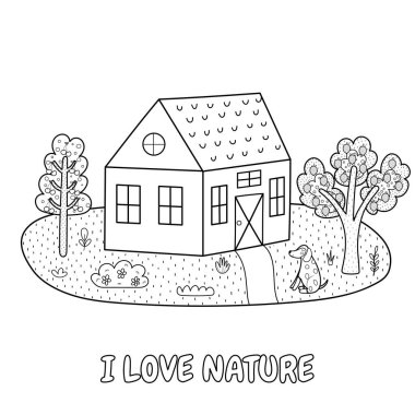 Çimenli, köpekli ve ağaçlı siyah beyaz baskıyı seviyorum. Çizgi film tarzında yaz yeşili çayır boyama sayfası. Vektör illüstrasyonu