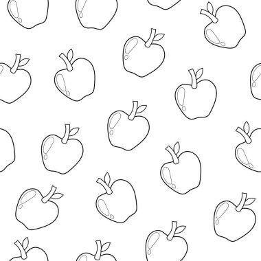 Elmalar siyah ve beyaz pürüzsüz desen. Renk sayfası, ambalaj ve kumaş için çizgi film tarzında meyve arkaplanı. Vektör illüstrasyonu