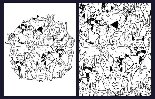 stock vector Cute forest animals coloring pages set. Black and white templates bundle with funny woodland characters. Outline background. Vector illustration