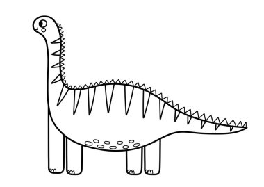 Siyahlar içinde şirin bir diplodocus hayvanı. Boyama için ana hatları çizilmiş uzun boyunlu komik bir dinozor. Vektör illüstrasyonu