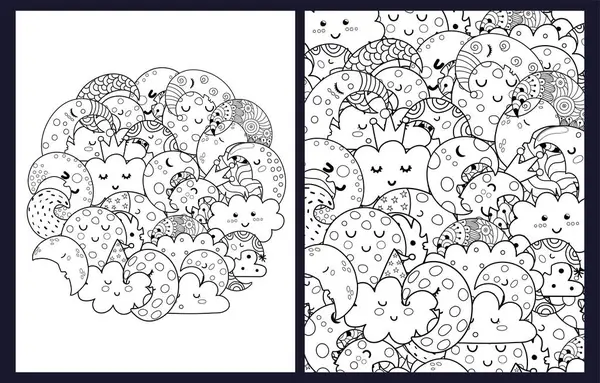 stock vector Cute moon and clouds coloring pages set. Doodle background templates with cosmic characters in US Letter format. Vector illustration