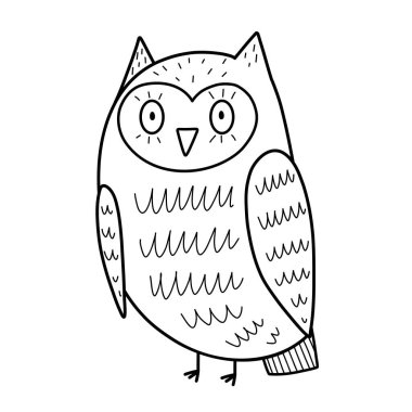 Çizgi film tarzında sevimli siyah beyaz baykuş. Orman karakteri, ana hatlarıyla dizayn edilen çocuklar için. Beyaz arka planda izole edilmiş komik bir kuş. Vektör illüstrasyonu