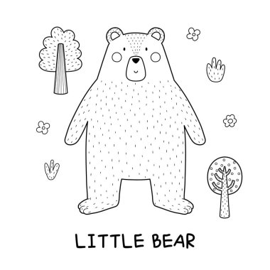 Şirin bir orman karakteri olan küçük siyah beyaz bir ayı. Çizgi film stili çocuklar için komik bir boz ayı kartı. Özet olarak orman hayvanı geçmişi. Vektör illüstrasyonu