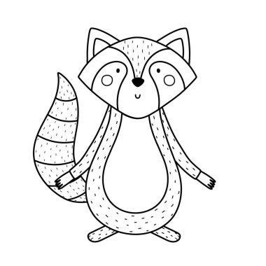 Çizgi film tarzında sevimli siyah beyaz rakun hayvanı. Orman karakteri, ana hatlarıyla dizayn edilen çocuklar için. Orman memelileri izole edilmiş. Vektör illüstrasyonu