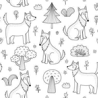 Şirin kurt ve ağaçlar siyah ve beyaz desenli. Çizgi film tarzında çocuklar için ağaçlık bir arka plan. Çocuklar için komik orman karakteri baskısı. Vektör illüstrasyonu