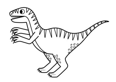 Çizgi film tarzında izole edilmiş siyah beyaz Velociraptor. Jurasik dönemin komik dinozoru ana hatlarıyla tasarlanmış çocuklar için. Vektör illüstrasyonu