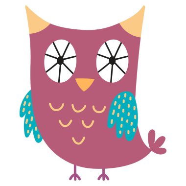 Çizgi film tarzında sevimli bir baykuş. Çocuk tasarımı için orman karakteri. Beyaz arka planda izole edilmiş komik bir kuş. Vektör illüstrasyonu