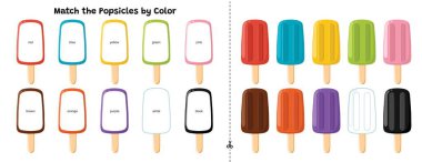 Buzlu dondurmaları renklerine göre eşleştir. Çocuklar için eğitici eşleştirme oyunu. Yeni yürümeye başlayanlar için yaz kesim ve yapıştırma etkinlik sayfası. Vektör illüstrasyonu