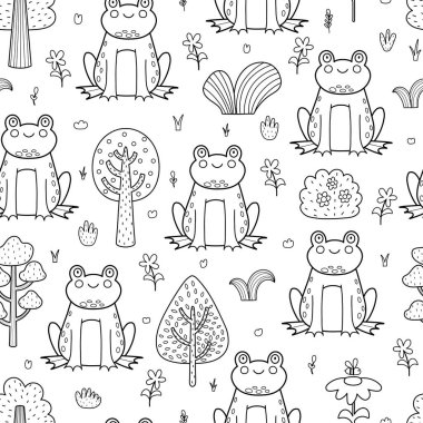 Çocuklar için siyah beyaz şirin kurbağa deseni. Özet geçmişteki komik karakteri. Vektör illüstrasyonu 