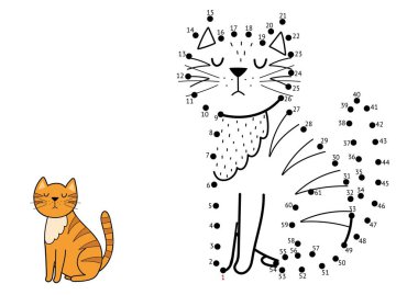 Çocuklar için nokta nokta oyunu. Noktaları birleştir ve sevimli bir kedi çiz. Hayvan bulmacası etkinlik sayfası. Vektör illüstrasyonu