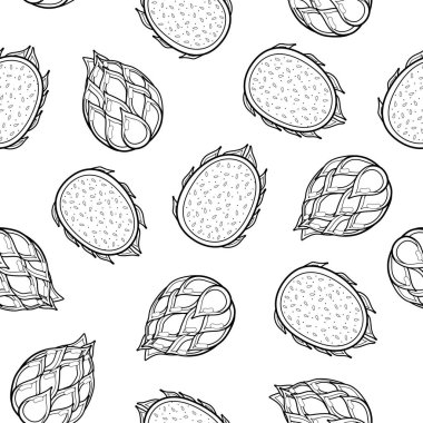 Kara ejder meyvesi siyah ve beyaz kusursuz desen. Özet olarak taze gıda geçmişi. Boyama sayfası, kumaş ve ambalaj için harika. Vektör illüstrasyonu