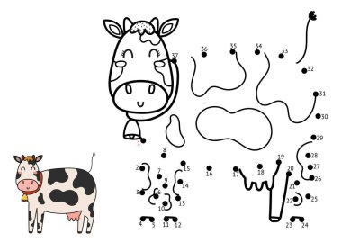 Çocuklar için nokta nokta oyunu. Noktaları birleştir ve şirin bir inek çiz. Çiftlik hayvanı bulmaca faaliyet sayfası. Vektör illüstrasyonu