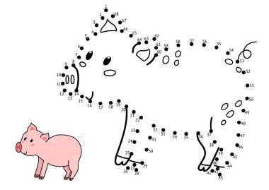 Noktaları birleştir ve şirin bir domuz çiz. Çocuklar için nokta nokta oyunu. Çiftlik hayvanı bulmaca faaliyet sayfası. Vektör illüstrasyonu