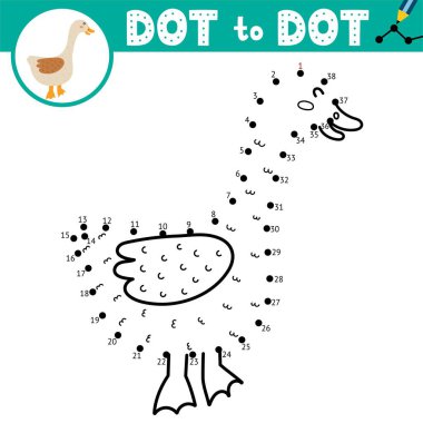 Dot to dot game for kids. Connect the dots and draw a cute goose. Farm animal puzzle activity page. Vector illustration clipart