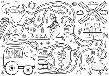 Çiftçinin ve kedinin traktörle yel değirmenine gitmesine yardım et. Çocuklar için siyah-beyaz olarak çiftlik labirenti aktivite sayfası. Okul için mini oyun ve anaokulu ana hatlarıyla. Vektör illüstrasyonu
