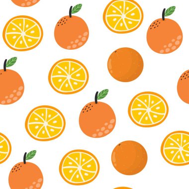 Portakallı, dikişsiz desen. Çizgi film tarzında taze meyve arkaplanı. Kumaş, ambalaj ve gıda ambalajı için harika. Vektör illüstrasyonu