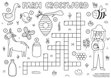 Şirin çiftlik karakterleri olan çocuklar için siyah beyaz bulmaca. Ana hatlarıyla kelime bulmacası. Arı yetiştiricisi, kaz, eşek, arı kovanı ve daha fazlası ile eğitici bir oyun. Vektör illüstrasyonu