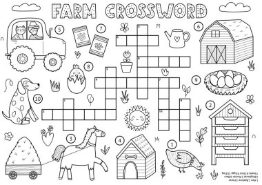 Şirin çiftlik karakterleri olan çocuklar için siyah beyaz bulmaca. Ana hatlarıyla kelime bulmacası. At, köpek, traktör, ahır ve daha fazlası ile eğitici bir oyun. Vektör illüstrasyonu