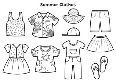 Yazlık siyah beyaz elbiseler, tişört, elbise, Hawaii gömleği, etek ve daha fazlası. Yaz sezonu kıyafet koleksiyonu. Vektör illüstrasyonu